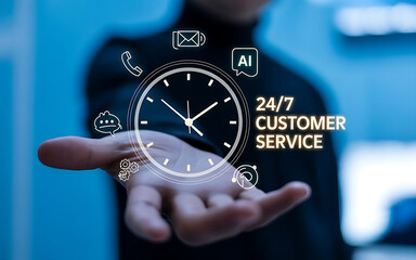 Open hand displaying 24 7 customer service hologram with icons representing email chat and artificial intelligence
