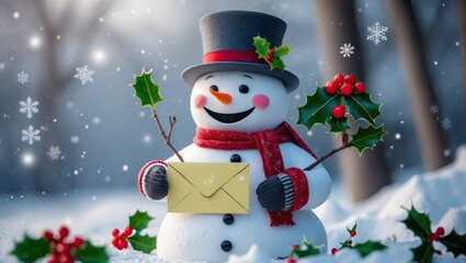 Snowman with Letter in Snowy Forest and Falling Snowflakes (AI-generated)