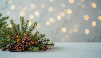 Create a Cozy Christmas Vibe with Evergreen Branches and Pinecones Against a Sparkling Bokeh Background for Your Holiday Designs and Festive Projects