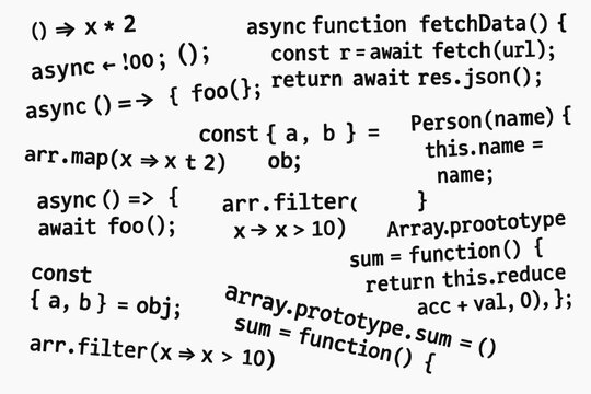 a large collage of our programming codes, absolutely randomly placed, black text on a white background