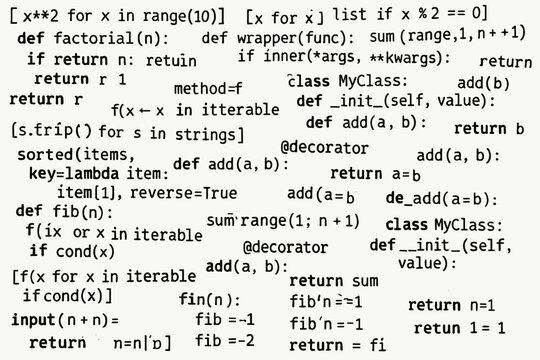 a large collage of our programming codes, absolutely randomly placed, black text on a white background