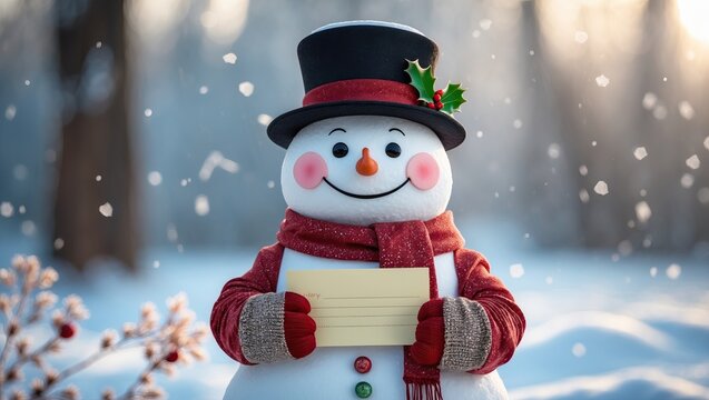 Snowman with Letter in Snowy Forest and Falling Snowflakes (AI-generated) - Powered by Adobe