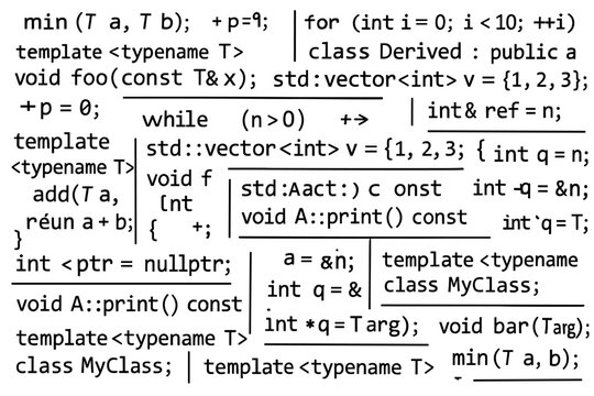 a large collage of our programming codes, absolutely chaotic, black text on a white background