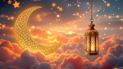 Ramadan kareem background with golden crescent moon, lantern, and stars for islamic festival design