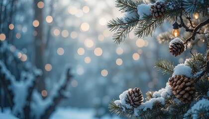 Magical winter wonderland with snow-covered pine cones and sparkling lights evokes holiday cheer and festive spirit during the serene Christmas season