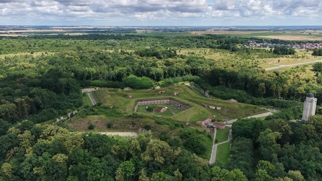 Aerial drone view of Nysa Stronghold early modern defensive systems. Fort nysa. Prussian fortress nysa in Opole. Fort Prussia, erected on the hills of the northern bank of the Nysa Klodzka river