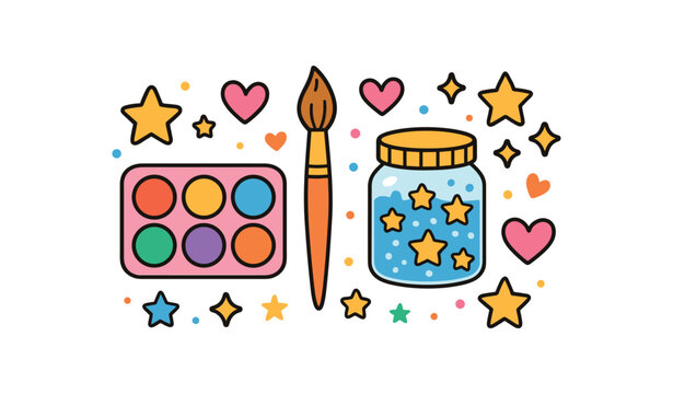 Baby kids party flat vector illustration collection of cute party icons face paint set glitter jar brush stickers hearts arranged horizontal composition handdrawn outlines bright color