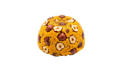 Whimsical egg shaped dessert with nuts and dried fruit on black background