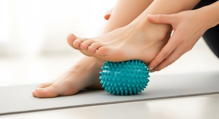 Woman massaging her sole of foot with spiked massage ball, self massage. Foot pain relief and relaxation. Self care and physical therapy concept.