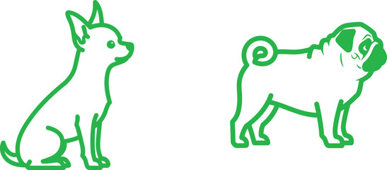Chihuahua and Pug Outlines on White Background in Green Hues Pet Animal Vector Illustration Dog Breeds Sketch Design Cute Minimalist Line Art Isolated Puppy Canine Breed Companion