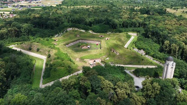 Aerial drone view of Nysa Stronghold early modern defensive systems. Fort nysa. Prussian fortress nysa in Opole. Fort Prussia, erected on the hills of the northern bank of the Nysa Klodzka river