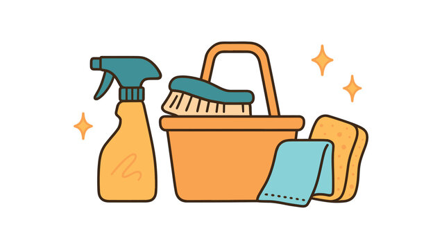 Home decor flat vector illustration collection of cute interior icons cleaning caddy: spray bottle brush sponge cloth sparkles arranged horizontal composition handdrawn outlines bright