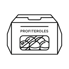 Line art illustration of a box of profiteroles with a clear window showing the pastries inside