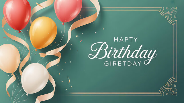 A celebratory birthday card with balloons and ribbons on a green background with decorative frame