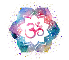 Om symbol painted inside a flower frame or mandala, watercolor texture, splashes of paint, colorful bright illustration. Can be used for prints, printing design, home decor design and more.