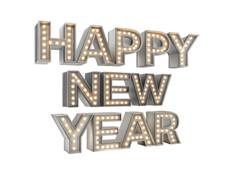 Happy New Year illuminated sign vintage style typography with light bulbs isolated on white backgrou