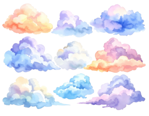 Nine fluffy, colorful, watercolor-style clouds in a grid layout