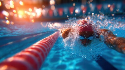 Dynamic swimmer powering through the clear pool waters during competition, a powerful display of athleticism and focus for sports marketing campaigns