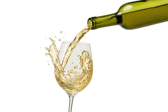White wine pouring into a glass, creating a dynamic splash, representing celebration, luxury, and refreshment