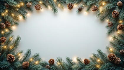 Dreamy Christmas Frame with Pine Branches, Twinkling Lights, and Pinecones for Holiday Greetings or Festive Invitations - Perfect for Winter Marketing