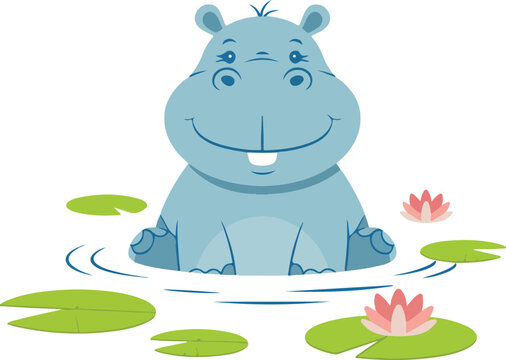 Cartoon hippo vector illustration peeking from the water with green lily pads and pink water lilies