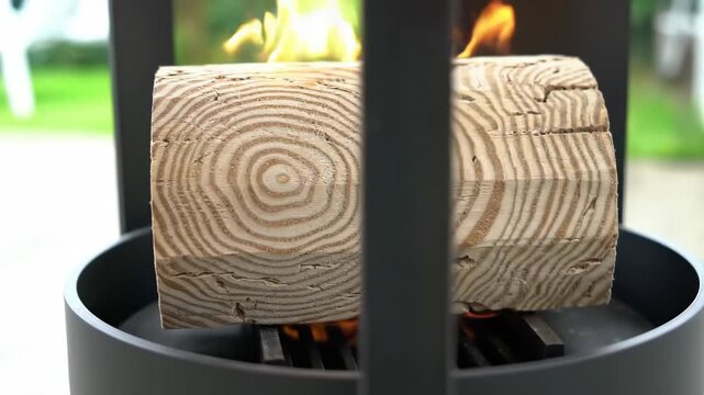 Close-up shot of burning log on fireplace, wood logs for heating fire.