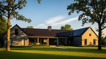 Obraz premium A modern farmhouse with solar panels on the roof surrounded by green grass and mature trees at daytime