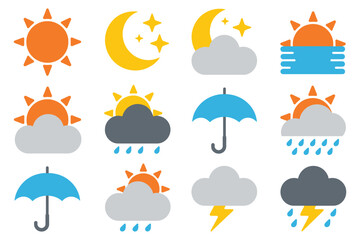 A collection of weather icons depicts various meteorological conditions such as sun, moon, clouds, rain, and lightning.