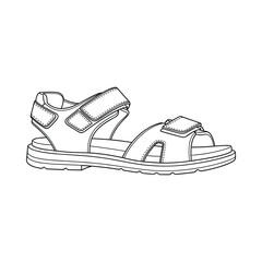 Hand drawn sketch of a single open toed sandal with buckle and velcro straps in black and white outline