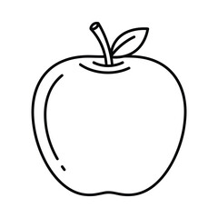 Simple black and white line drawing of a fresh apple with a stem and leaf