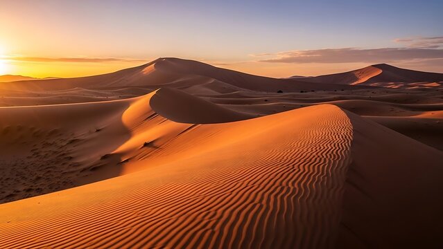 Golden Hour Desert Landscape: Sun-Kissed Sand Dunes and Dramatic Shadows.