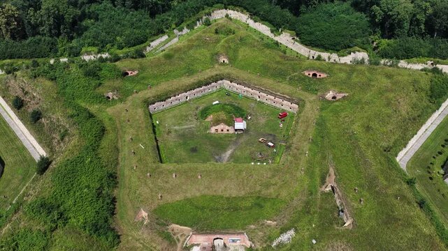 Aerial drone view of Nysa Stronghold early modern defensive systems. Fort nysa. Prussian fortress nysa in Opole. Fort Prussia, erected on the hills of the northern bank of the Nysa Klodzka river
