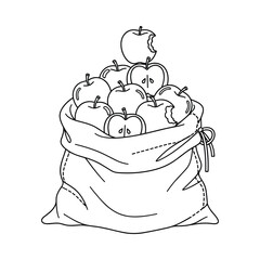 Hand drawn illustration of a burlap sack overflowing with ripe apples one apple has a bite taken out of it