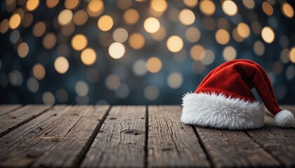 Festive Santa hat on rustic wood with bokeh lights creates a magical Christmas atmosphere for seasonal promotions and heartfelt holiday greetings