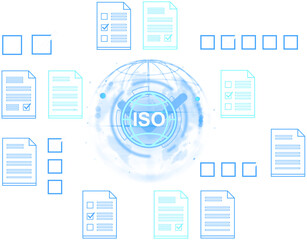 ISO certification concept with documents and checkboxes around a digital globe, clean blue style on white background, representing quality management