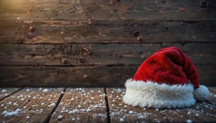 Festive Santa hat on rustic wooden backdrop sprinkled with snow, capturing holiday magic and creating warm, cozy Christmas spirit for seasonal campaigns