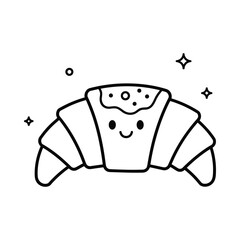 Cute kawaii croissant character with a happy face and sparkling stars illustration