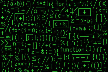 “matrix rain,” in which real code fragments are clearly visible. collage of green symbols densely scattered on a black background