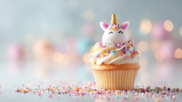sweet tasty unicorn cupcake on childs birthday animation