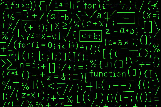 &ldquo;matrix rain,&rdquo; in which real code fragments are clearly visible. collage of green symbols densely scattered on a black background