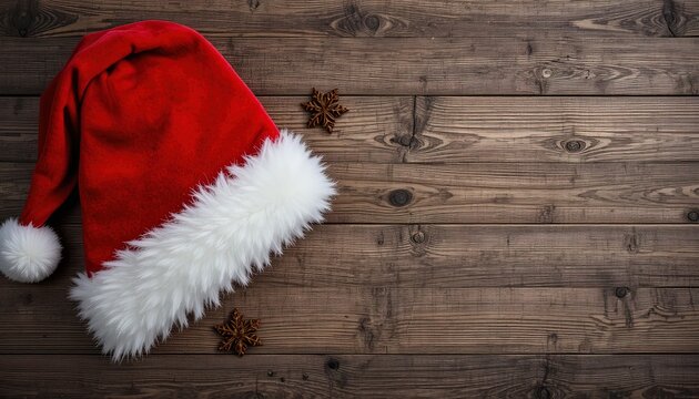 Festive Santa hat and star anise on rustic wooden background, ideal for holiday promotions and seasonal greetings, creating a warm nostalgic feeling