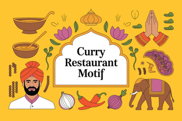 A vibrant Indian restaurant motif showcases curry, spices, an elephant, and a man in a turban.