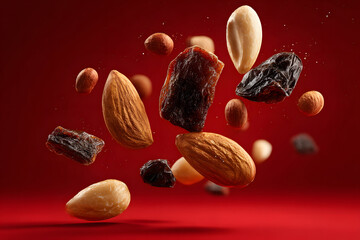 Mix of nuts and dried fruits floating against a vibrant red background for healthy snacking ideas