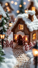 Stylized artistic image of a cozy knitted winter house with glowing windows, soft yarn snow, and warm festive lights. Handmade craft aesthetic in a dreamy holiday scene.