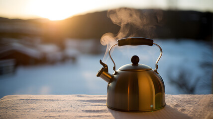 Steaming kettle on snowy window sill at sunset