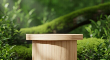 Wooden podium or pedestal in a lush, green forest setting