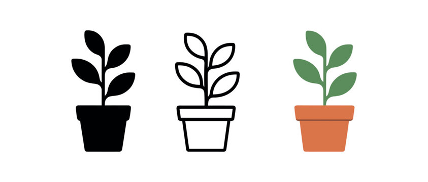 home plant icons three potted plant icons with small leaves and clean shape one flat solid monochrome one thin black outline black and white one full color flat icon green and terracotta