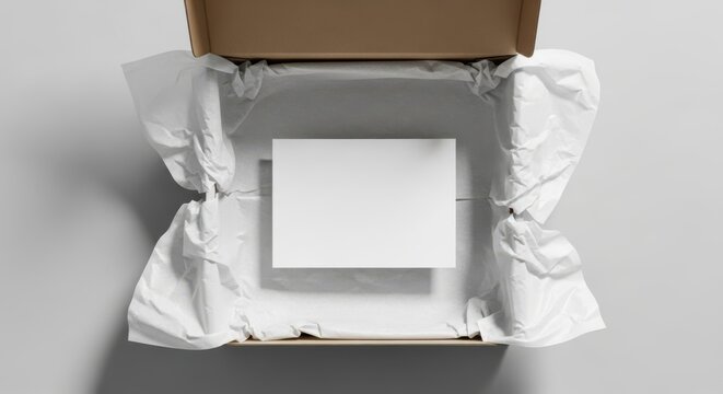 Opened cardboard box with white tissue paper and blank white card inside