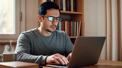 Man in glasses intensely looks at his smartphone while working on a laptop, with a steaming mug nearby. - Powered by Adobe