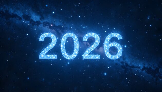 2026 blue neon futuristic digits, glowing grid background, cyber tech new year theme"